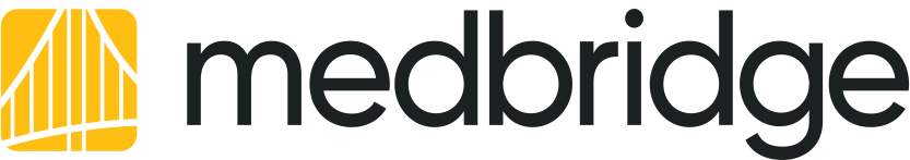 Medbridge logo with bold black text and a yellow abstract vertical line icon on the left.